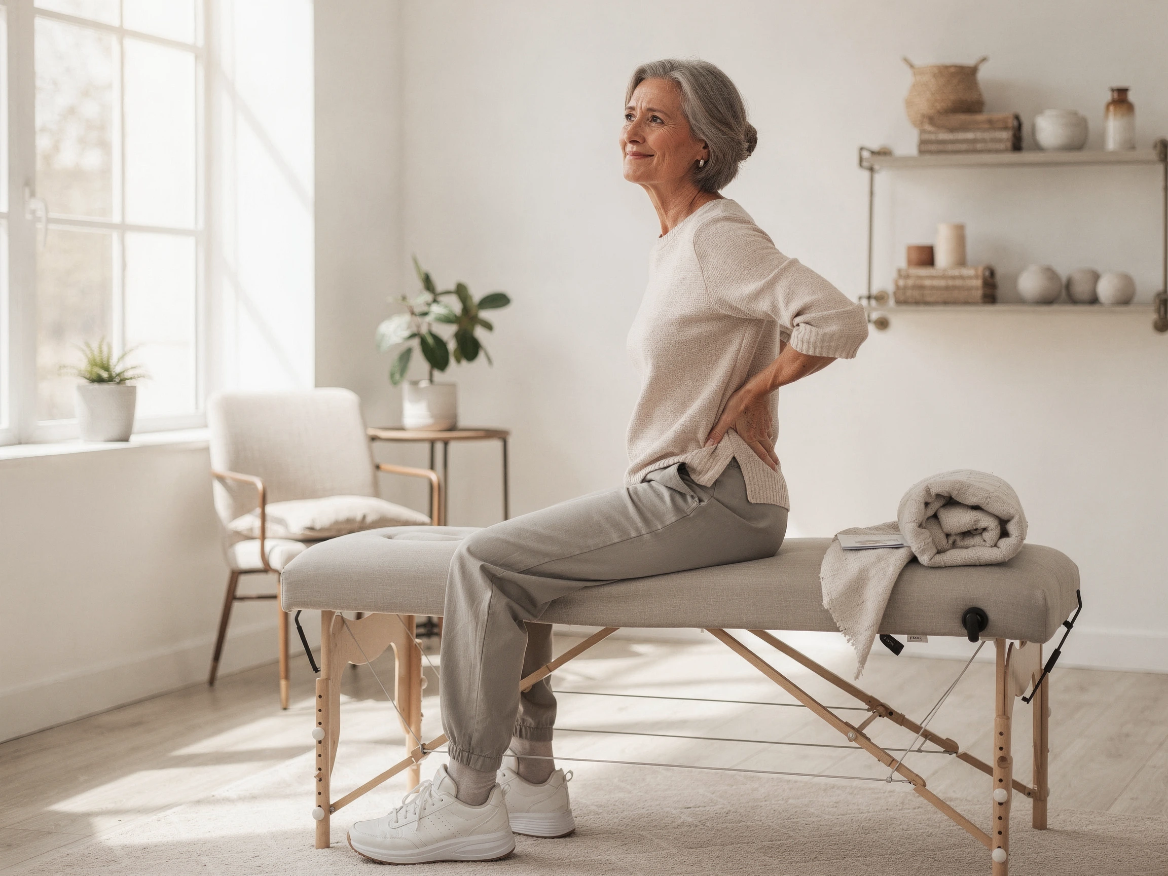 Woman sitting on massage table holding lower back in pain management clinic setting